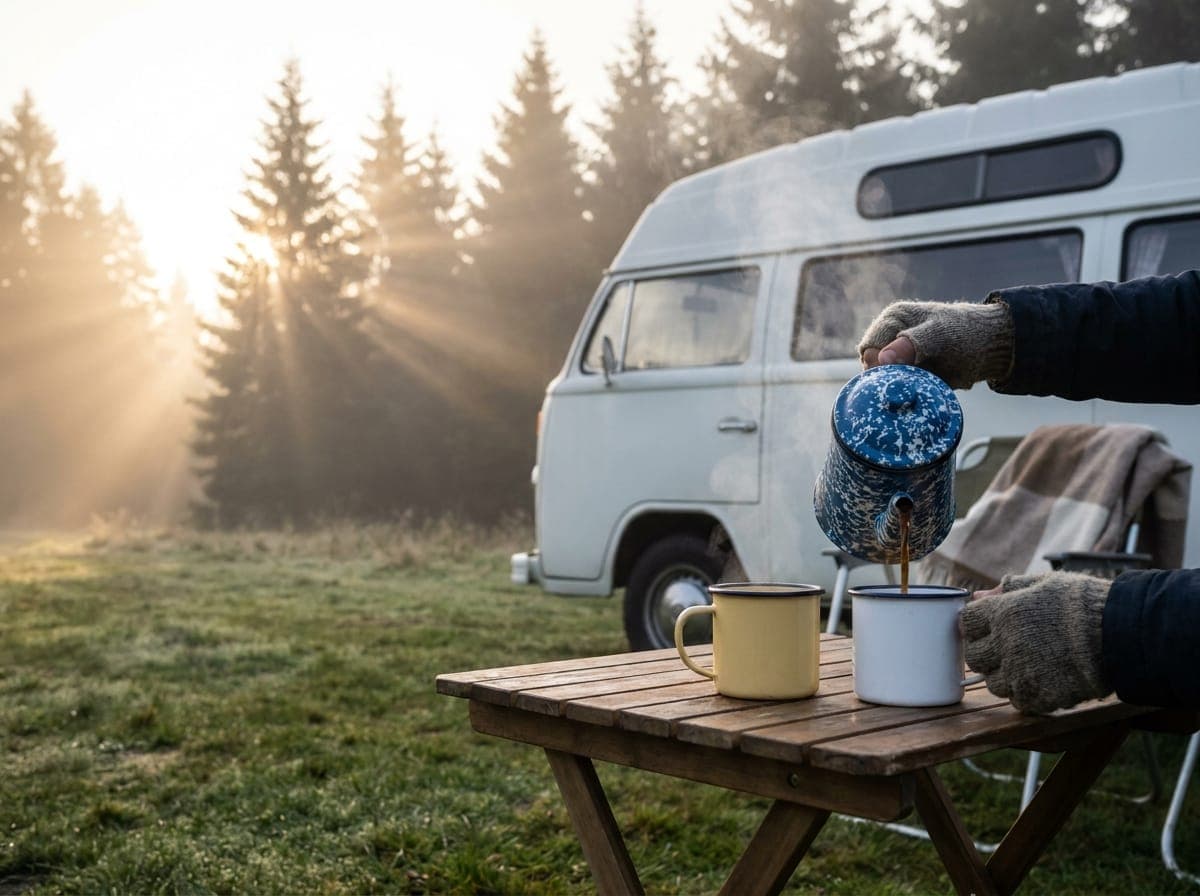 Kaffee aus der Emaille-Kanne am Camper, Morgennebel im Hintergrund
